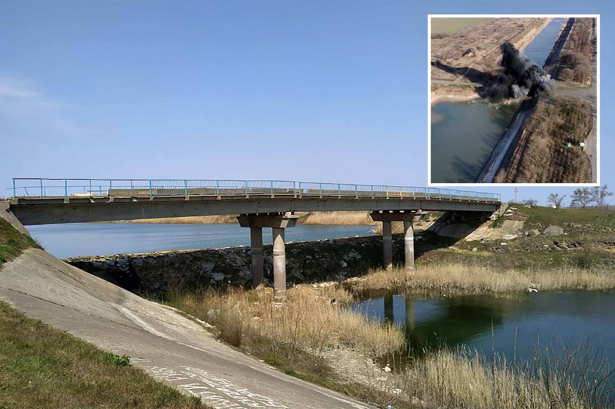 Photo of the temporary dam at kilometre 91 taken in April 2020. © I. Domashchenko; Inset: The moment the dam was destroyed. Still from a video report by 1tv.ru.